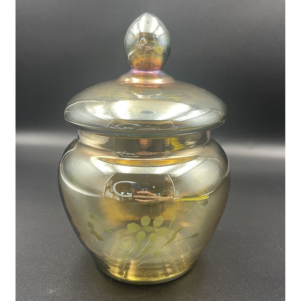 Vintage Marigold Iridescent Glass Bonbon/Ginger Jar with Engraved Floral Design